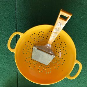 Vintage Yellow strainer colander + Travco yellow cheese slicer